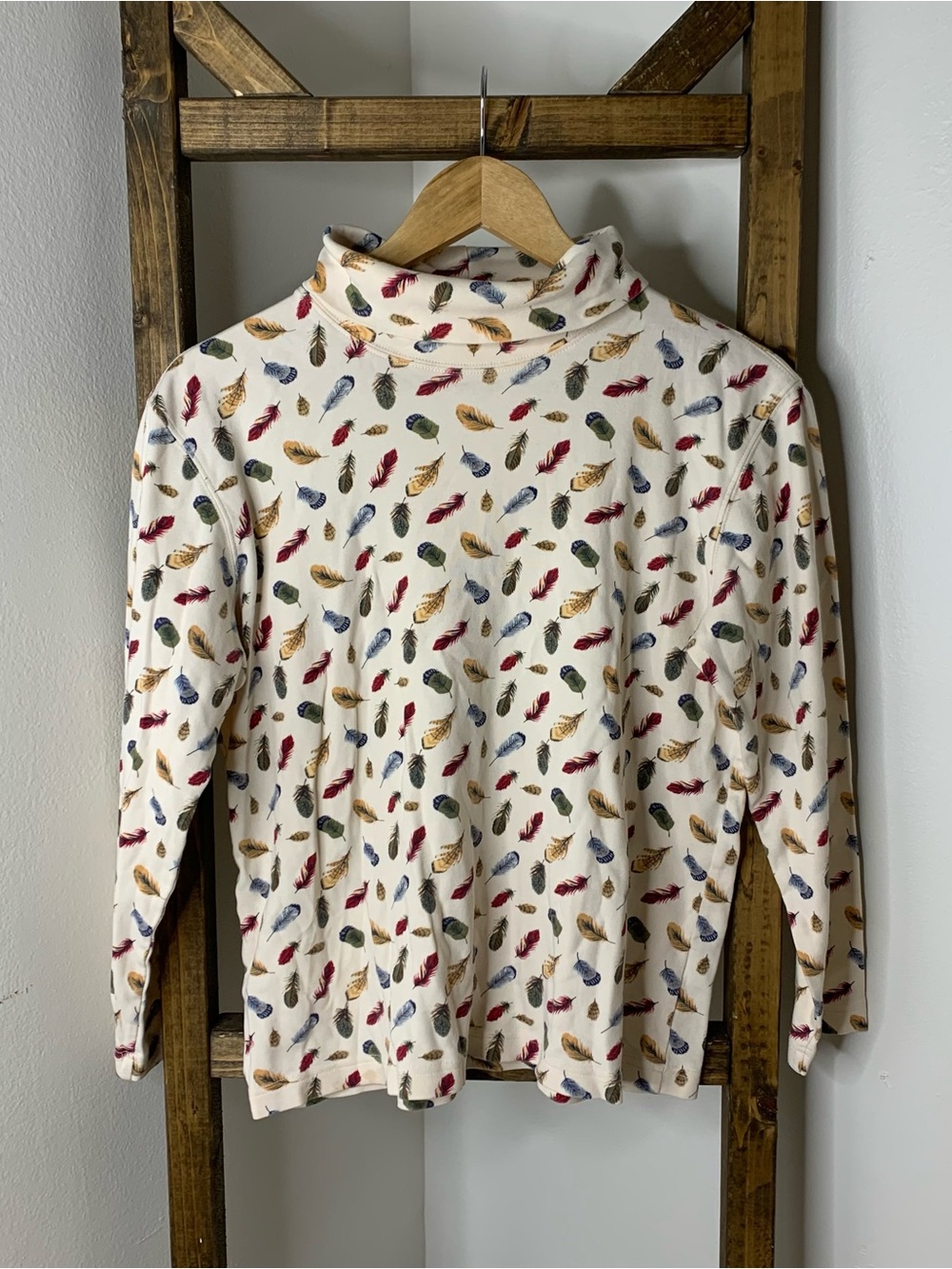 Talbots Feather Print Turtleneck Top in Cream Size 8